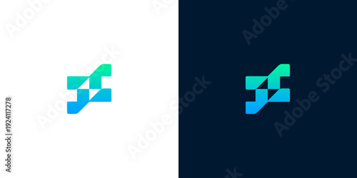 Modern abstract geometric digital technology logo with blue and green gradient on white and dark backgrounds
