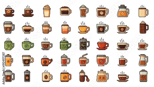 Collection of assorted coffee cups and mugs in various designs and illustrations, showcasing different coffee styles and beverages in a graphic layout, imagefx_8pjq3o_via_RJ_ImageFX_Auto.eps