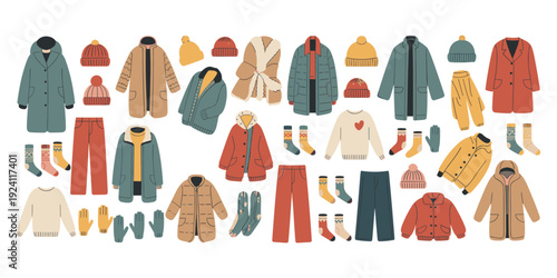 Collection of Winter Clothing Items in Various Colors and Styles apparel fashion