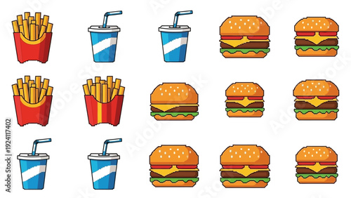 Assorted fast food items including burgers, fries, and drinks arranged in a grid pattern on a plain white background from a direct overhead viewpoint