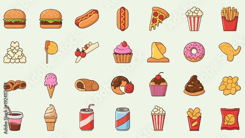 Assorted fast food and desserts in colorful cartoon illustrations from a direct overhead viewpoint.