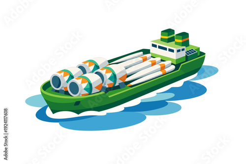 Cargo ship carrying large industrial pipes on the water.