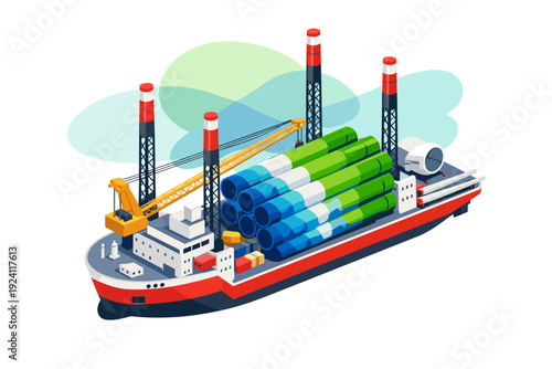 Cargo ship carrying large pipes and industrial equipment.