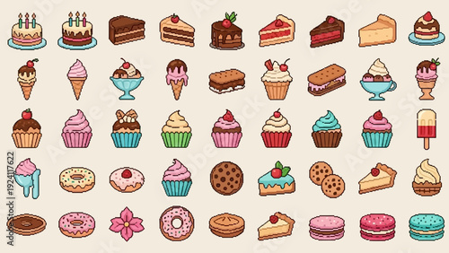 Assorted pastries and desserts illustration featuring cakes, cupcakes, ice cream, and donuts from a top-down viewpoint showcasing a variety of sweet treats