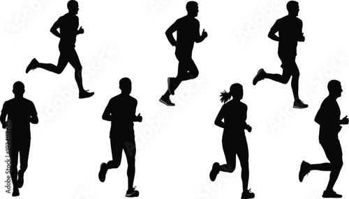 Active male and female runners silhouette set, people jogging and sprinting for fitness and marathon concept.