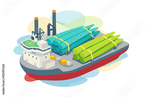 Cargo ship transporting large bundles of industrial materials across the sea.