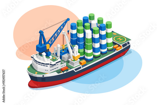 Cargo ship transporting industrial containers and equipment across the sea.