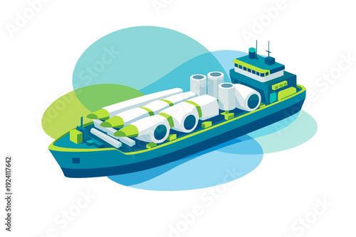 Cargo ship transporting large cylindrical containers across the sea.