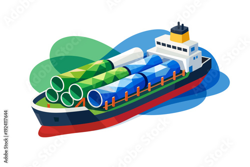 Cargo ship transporting large industrial pipes across the sea 1.