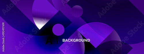 Abstract purple design features overlapping circles, squares. Gradient shades create dynamic visual effect. Text reads AI BACKGROUND.