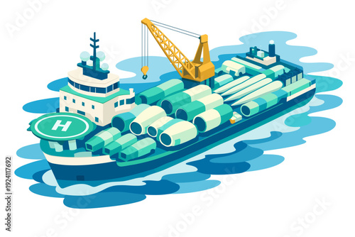 Cargo ship with containers and crane at sea.