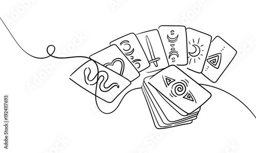 Tarot cards, continious line drawing. Magic, esotericism, occultism line art. Vector illustration