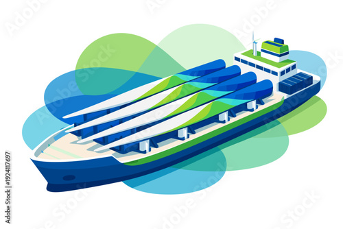 Cargo ship transporting wind turbine blades across the ocean.