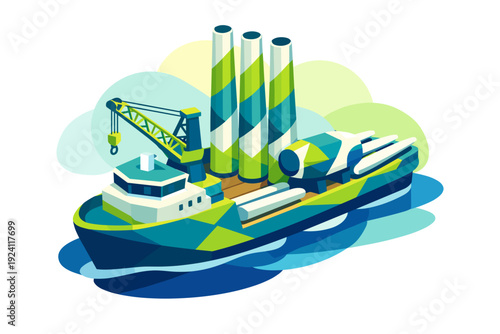 Industrial cargo ship with tall smokestacks and crane.
