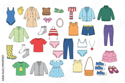 Colorful flat illustration of a variety of clothing items and accessories for all ages Keywords: clothing, apparel, garments