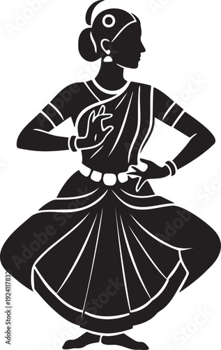 Silhouette of an Indian Bharatanatyam dancer in traditional costume on white background