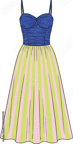 Colorful illustration of a vintage-style dress with a blue ruched bodice and a striped pink and green skirt