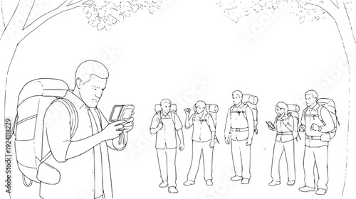 Outdoor Hiking and Eco-Tourism Silhouette, Group of Hikers with GPS Technology in Nature, Adventure Vector Profile