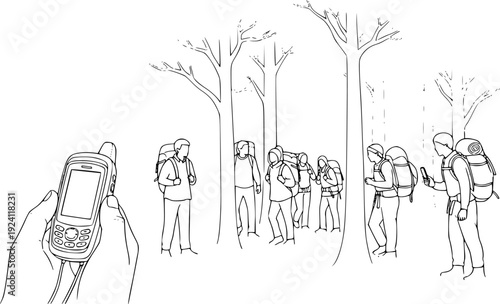 Outdoor Hiking and Eco-Tourism Silhouette, Group of Hikers with GPS Technology in Nature, Adventure Vector Profile