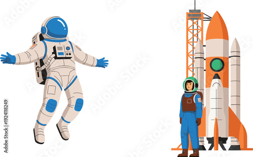 Astronaut in Spacesuit and Rocket Launch Vehicle Space Exploration Vector Illustration Set