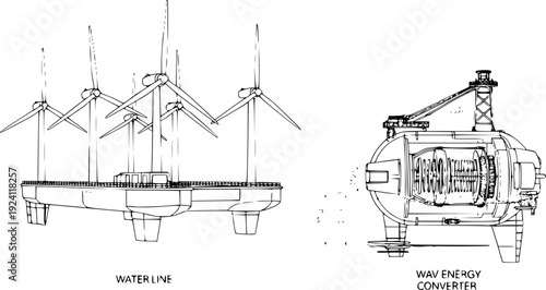 Offshore Floating Wind Farm and Wave Energy Silhouette, Marine Renewable Power Engineering CAD Vector Illustration
