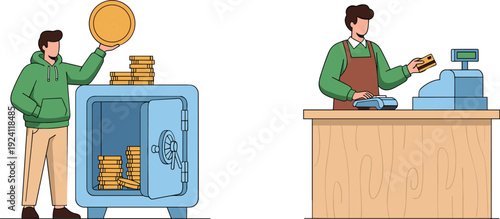 Banking and Retail Payment Concept with Man Depositing Coins in Safe and Cashier Transaction Vector Illustration