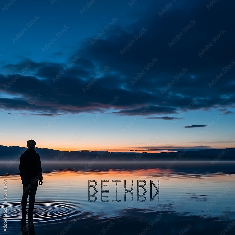 Fototapeta premium Person stands in water reflecting sunset and word