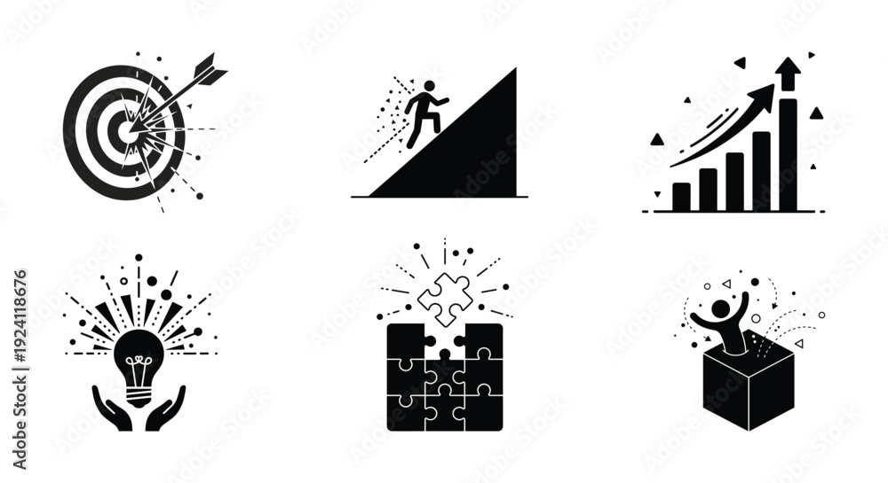Obraz premium A collection of six black and white business icons depicting success, innovation, and progress in a minimalist flat design style, suitable for commercial use
