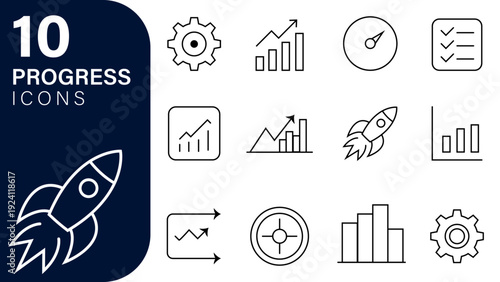 Progress and Growth Business Line Icon Set, Startup Rocket Launch and Financial Data Charts, Business Performance Analytics and Success Icons, Minimalist Workflow Optimization and Productivity Vector