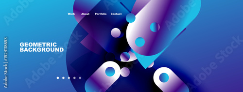 Abstract blue design features flowing shapes, gradients. Navigation includes work, about, portfolio, contact options. Modern geometric background visible.