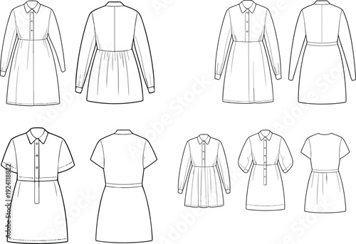 Fashion Design Flat Sketches of Dresses with Collars and Buttons vector