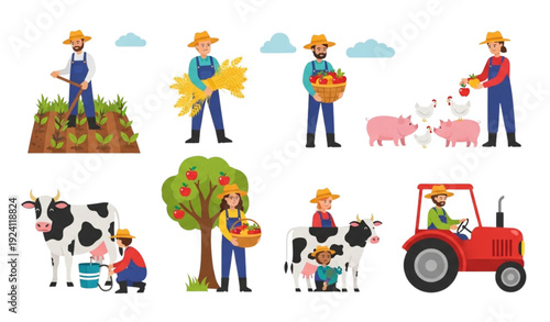 Farmers Working on Fields and Harvest Cartoon Vector Illustration