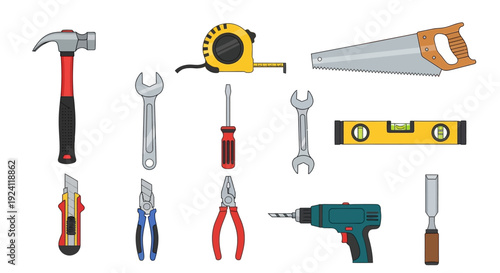 Assorted carpentry and DIY tools arranged neatly.