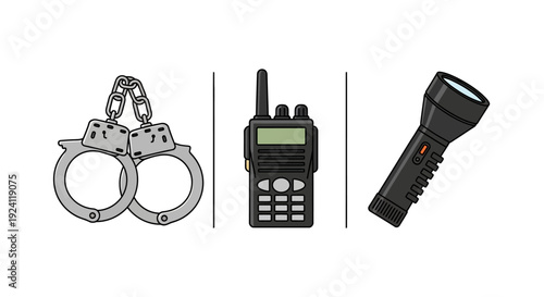 Handcuffs, radio communication device, and flashlight illustration.