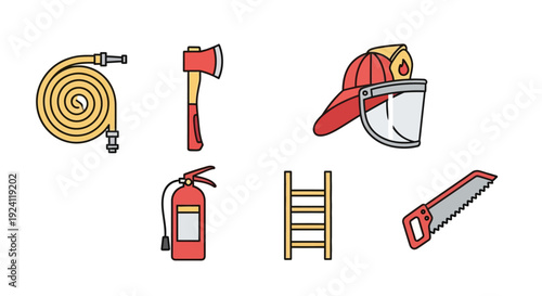 Firefighting equipment and safety tools collection.