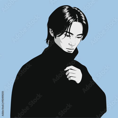 Minimalist Vector Illustration of a Young Man with Long Black Hair in a Dark Turtleneck Sweater