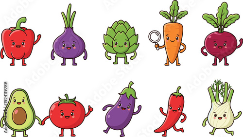 Cartoon Vegetables and Fruits with Smiling Faces, Arms, and Legs Depicted in Playful, Cheerful, and Animated Anthropomorphic Style