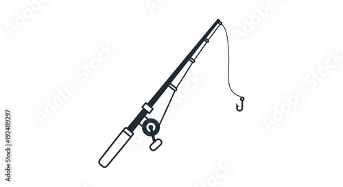 Simple black and white illustration of a fishing rod with hook.