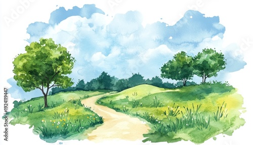 Serene landscape watercolor painting depicting lush greenery and a winding path under a bright sky with fluffy clouds