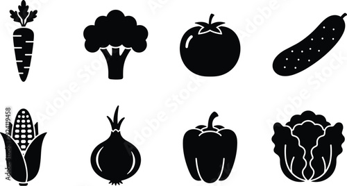 Silhouette icons of carrot, broccoli, tomato, cucumber, corn, onion, bell pepper, and lettuce arranged in two rows for educational design