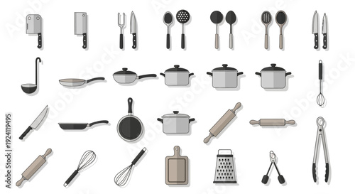 Collection of kitchen utensils and cooking equipment.