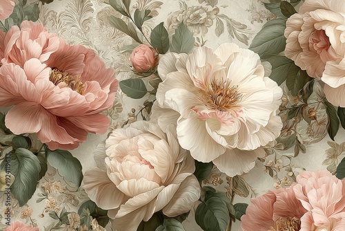 Vintage-style floral pattern with large, soft pink and cream flowers on antique beige background adorned with delicate greenery and subtle paisley designs