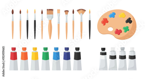 Assorted art supplies including paintbrushes, paints, and palette.