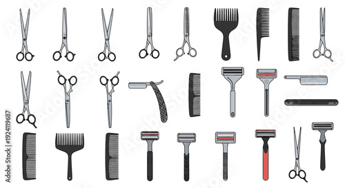 Assorted grooming tools and equipment for barbering and styling displayed neatly on a white background