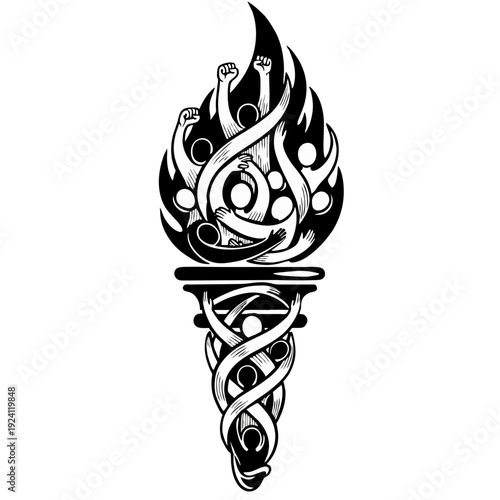 Stunning black and white torch with intertwined flames and fists