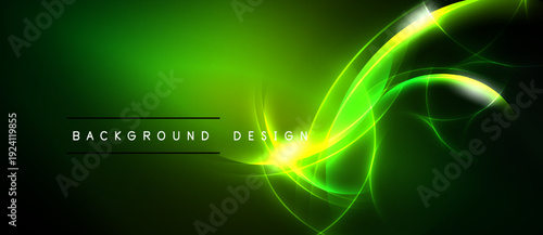 Bright green neon lines flow across dark background. Abstract design evokes energy, movement, futuristic feel. Simple text reads background design.