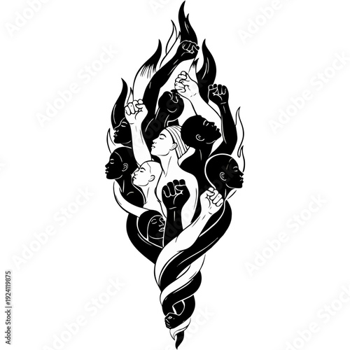 Diverse group of people united in protest with fists raised high