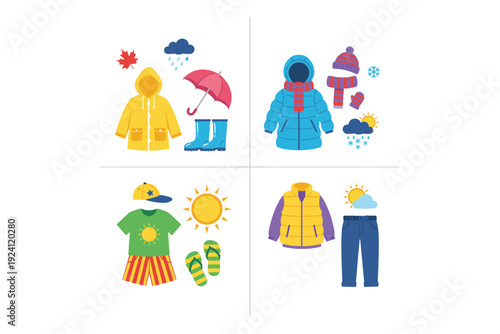 Four quadrants of seasonal clothing and weather illustrations on a white background Keywords: seasons, weather, clothing