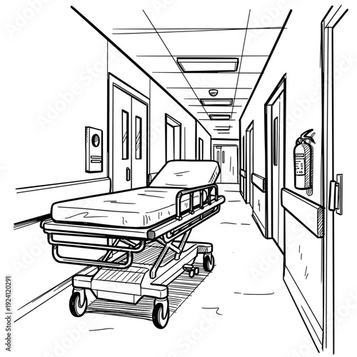 Empty hospital corridor with a stretcher on the floor