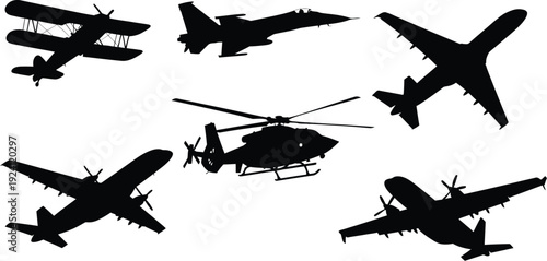 "Aircraft and helicopter silhouette collection, set of black vector outlines featuring biplane, fighter jet, and commercial turboprop airplanes isolated on white." "Active people running silhouettes s